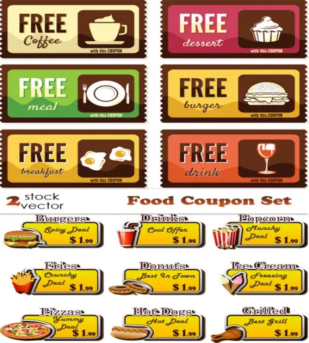 تصميم كوبون طعام فيكتور Vectors - Food Coupon Set