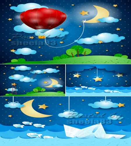 تصميم نجوم وسحاب وقمر Cute Night Backgrounds Vector