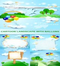 تحميل فيكتور كرتون و بالونات vectors - Cartoon landscape with balloons
